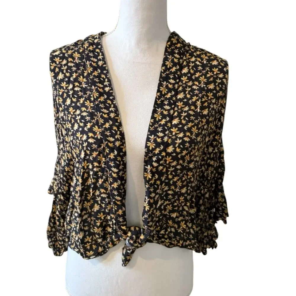 Free People Calisto Bed Jacket Tie Front Top Blackbird Combo XS